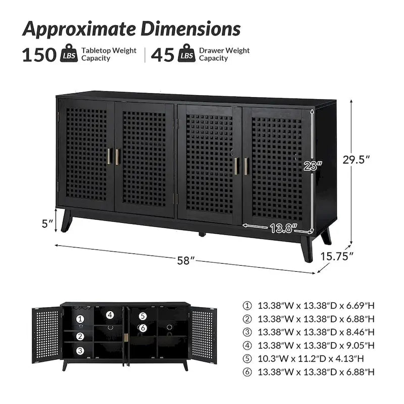 Credenza contemporanea nera/noce con ante a traliccio, 58"L