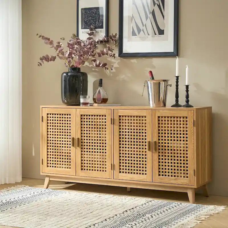Credenza contemporanea nera/noce con ante a traliccio, 58"L