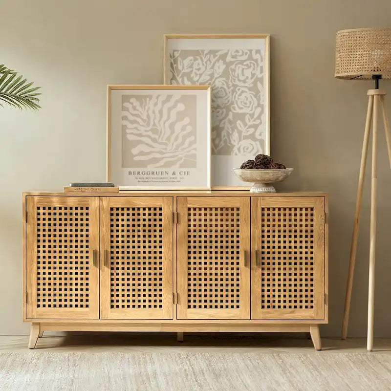 Credenza contemporanea nera/noce con ante a traliccio, 58"L