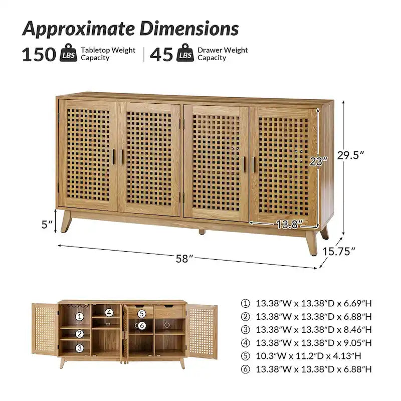 Credenza contemporanea nera/noce con ante a traliccio, 58"L