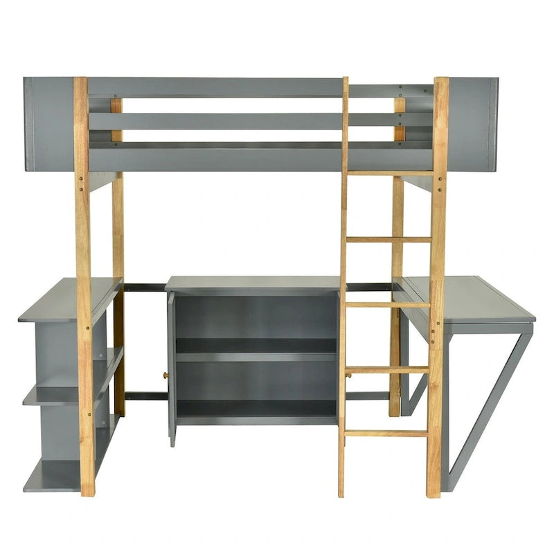 Letto a soppalco grigio/bianco matrimoniale/doppio con armadio contenitore e scrivania pieghevole – Singolo