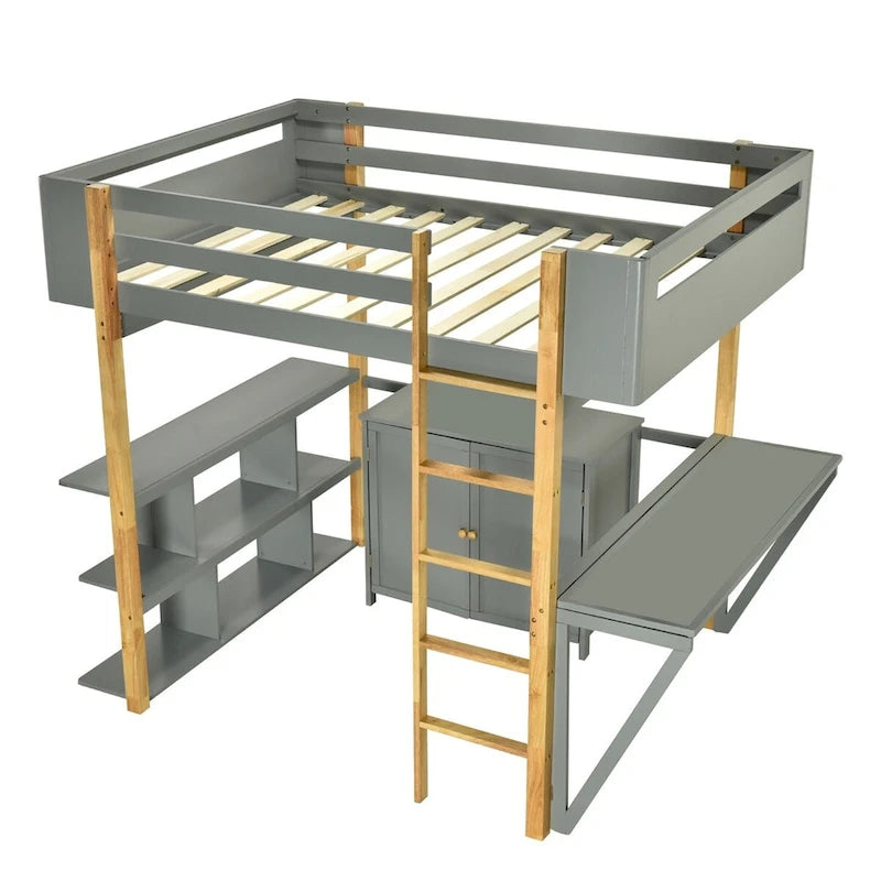 Letto a soppalco grigio/bianco matrimoniale/doppio con armadio contenitore e scrivania pieghevole – Singolo