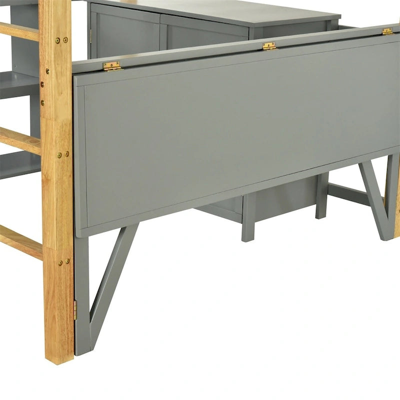 Letto a soppalco grigio/bianco matrimoniale/doppio con armadio contenitore e scrivania pieghevole – Singolo