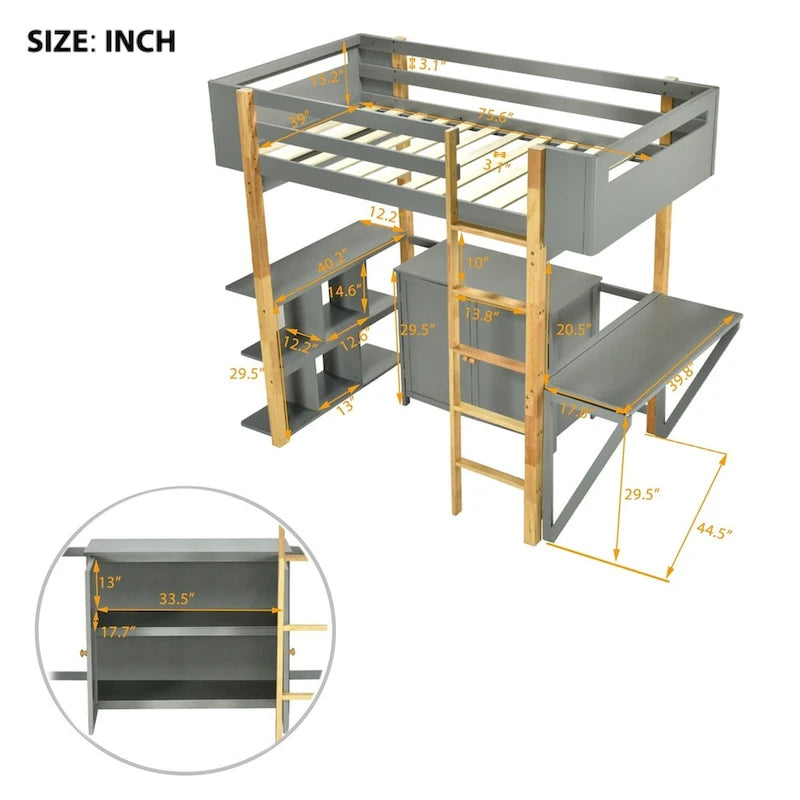 Letto a soppalco grigio/bianco matrimoniale/doppio con armadio contenitore e scrivania pieghevole – Singolo