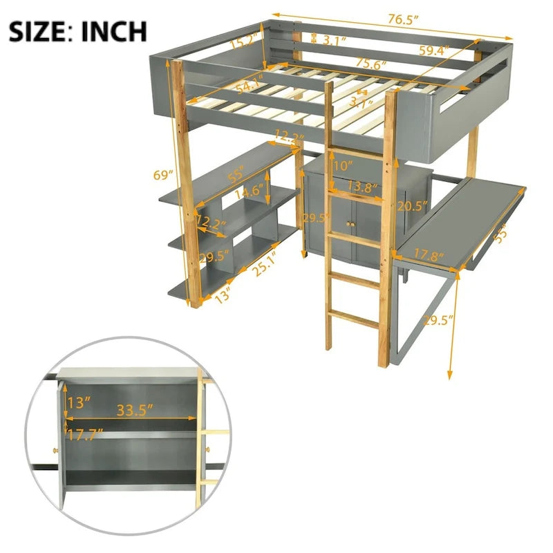 Letto a soppalco grigio/bianco matrimoniale/doppio con armadio contenitore e scrivania pieghevole – Singolo