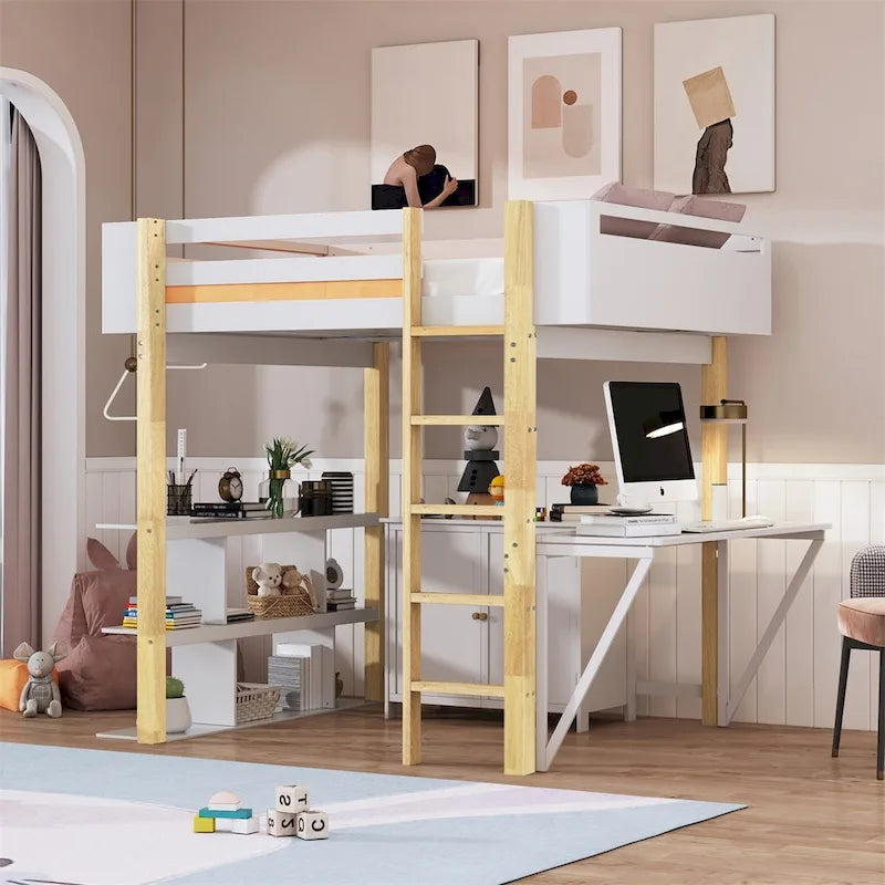 Letto a soppalco grigio/bianco matrimoniale/doppio con armadio contenitore e scrivania pieghevole – Singolo