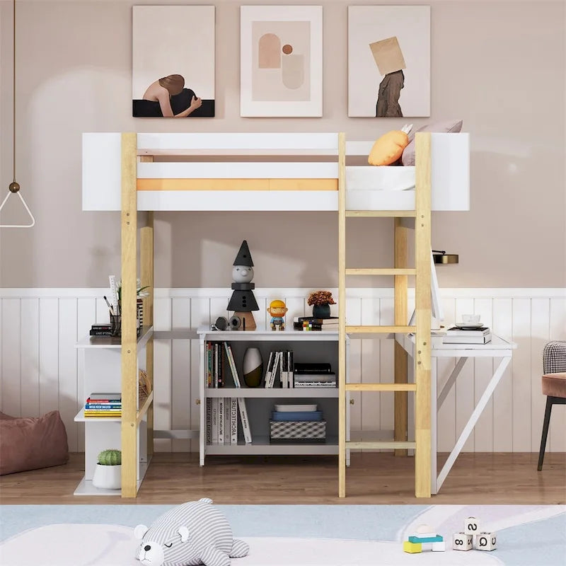Letto a soppalco grigio/bianco matrimoniale/doppio con armadio contenitore e scrivania pieghevole – Singolo