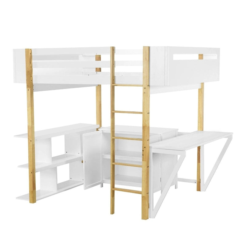 Letto a soppalco grigio/bianco matrimoniale/doppio con armadio contenitore e scrivania pieghevole – Singolo