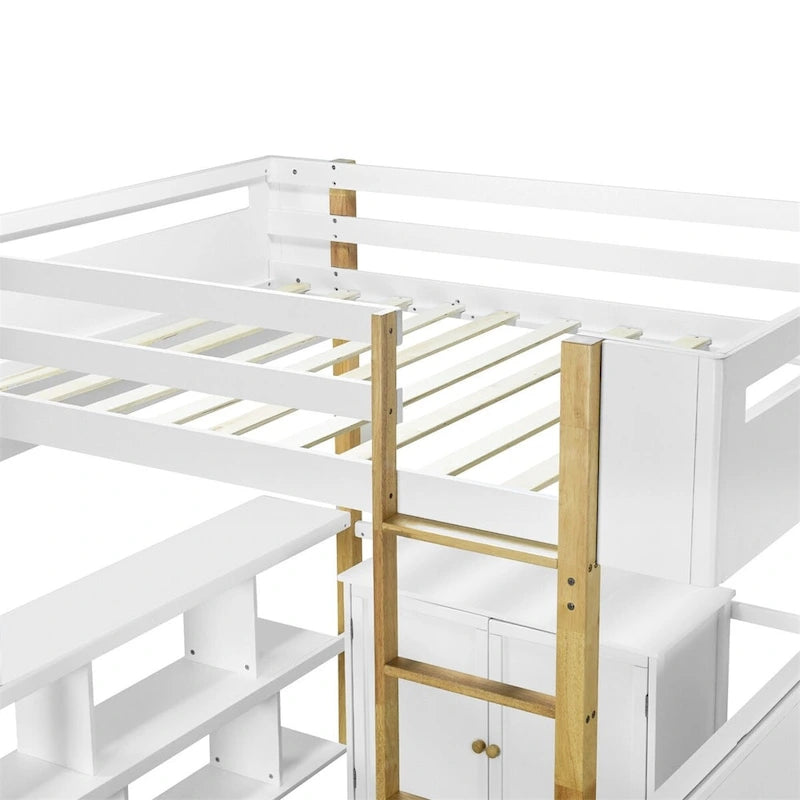Letto a soppalco grigio/bianco matrimoniale/doppio con armadio contenitore e scrivania pieghevole – Singolo
