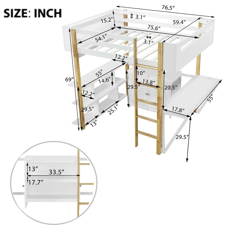 Letto a soppalco grigio/bianco matrimoniale/doppio con armadio contenitore e scrivania pieghevole – Singolo