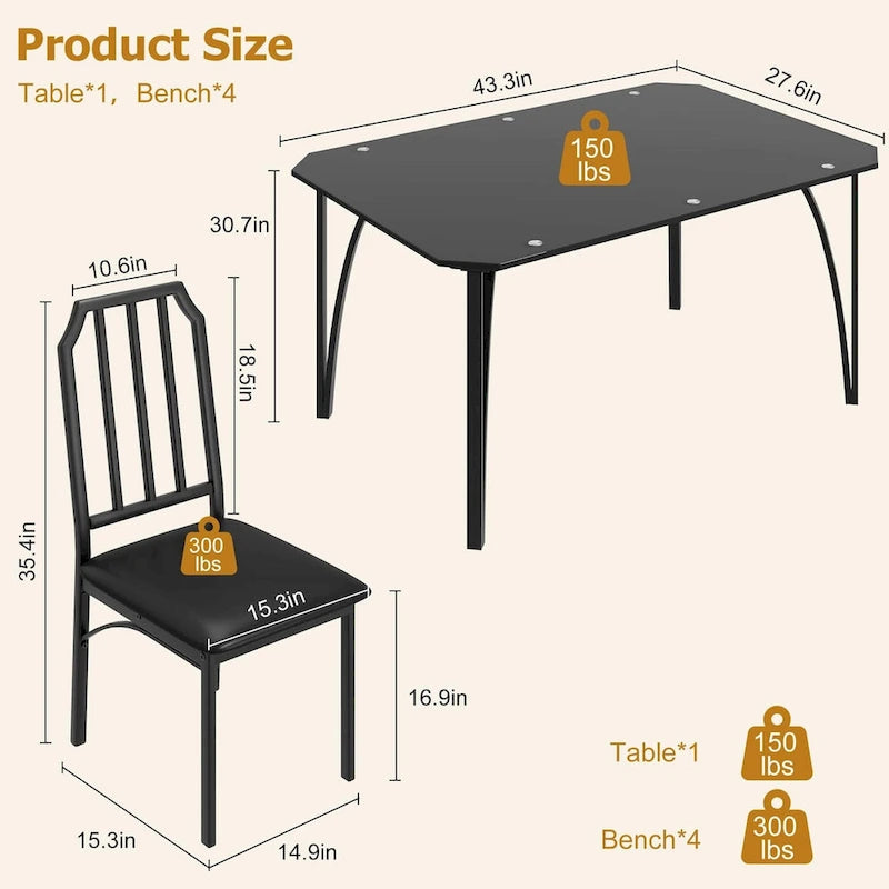 Set tavolo da pranzo in vetro temperato nero – 2 o 4 posti