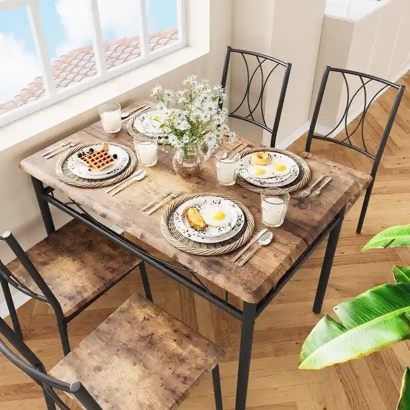 Set tavolo da pranzo industriale marrone, 4 posti, 1 tavolo e 4 sedie