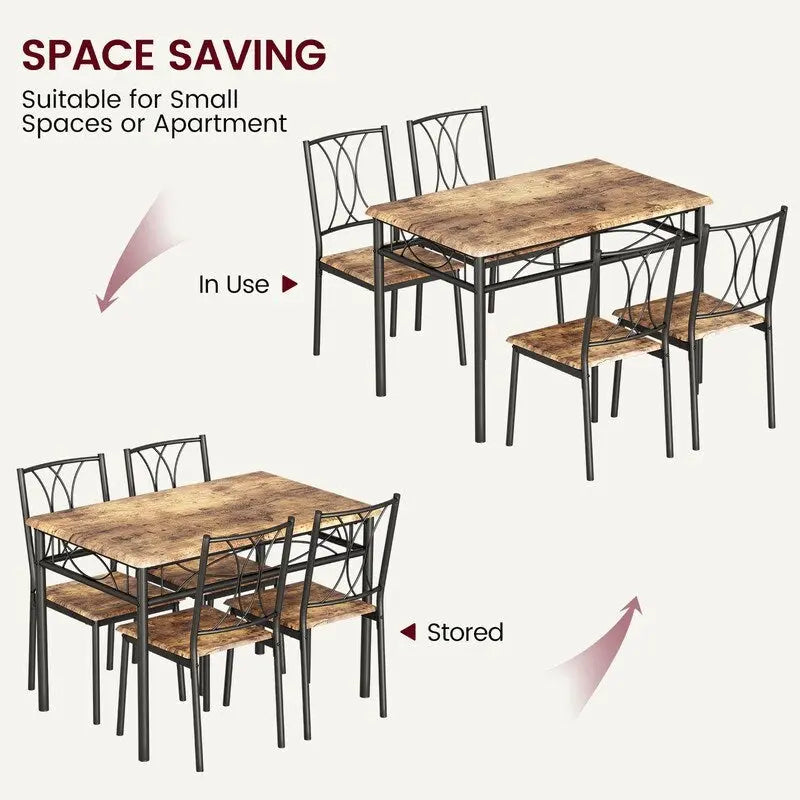 Set tavolo da pranzo industriale marrone, 4 posti, 1 tavolo e 4 sedie