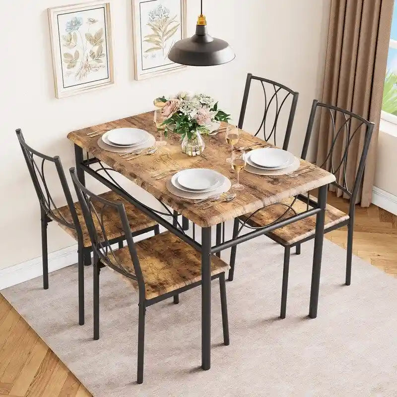 Set tavolo da pranzo industriale marrone, 4 posti, 1 tavolo e 4 sedie