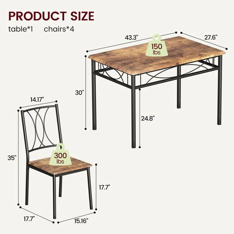 Set tavolo da pranzo industriale marrone, 4 posti, 1 tavolo e 4 sedie