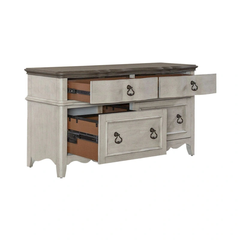 Credenza spazzolata bianca anticata, top tortora, unità singola