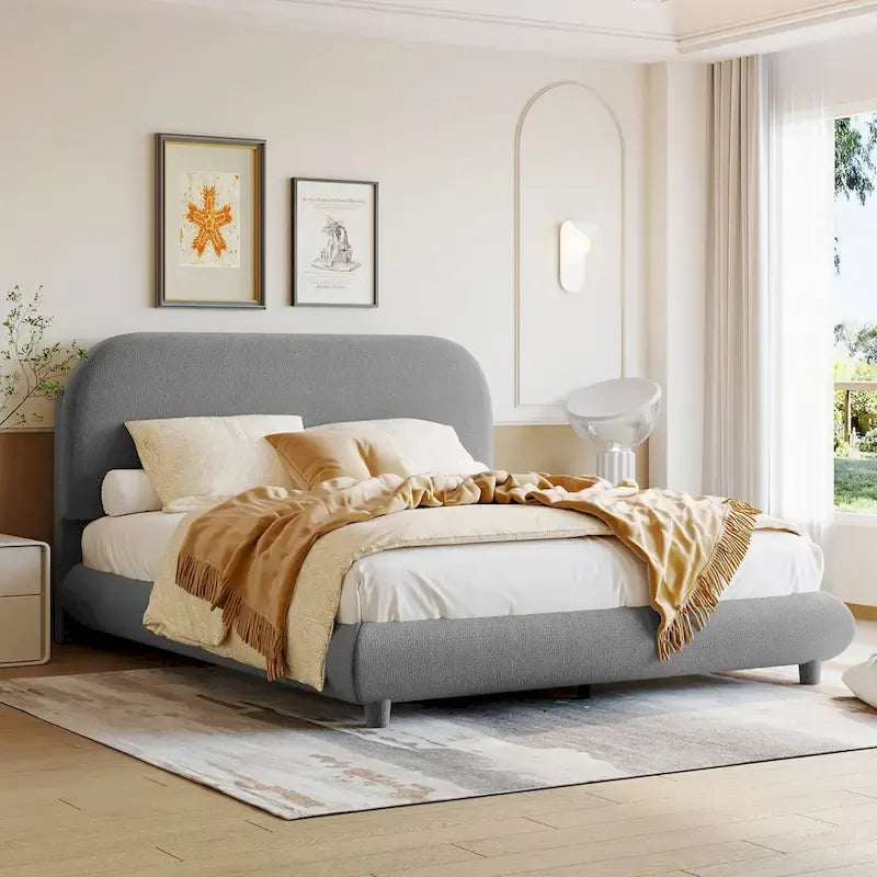 Letto a piattaforma intera ricurvo in pile Teddy grigio/beige, per 2 persone