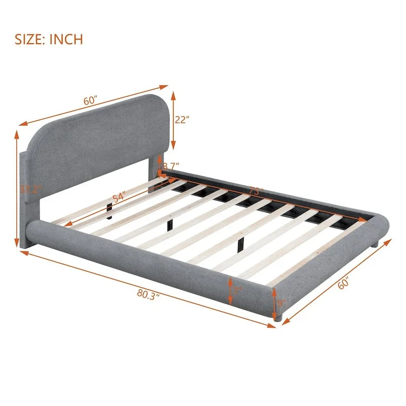 Letto a piattaforma intera ricurvo in pile Teddy grigio/beige, per 2 persone