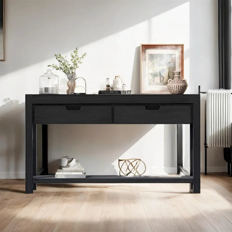 Console con 2 Cassetti e 1 Ripiano – Blu Scuro / Nero / Marrone Antico