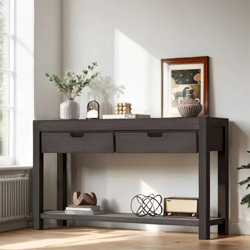 Console con 2 Cassetti e 1 Ripiano – Blu Scuro / Nero / Marrone Antico