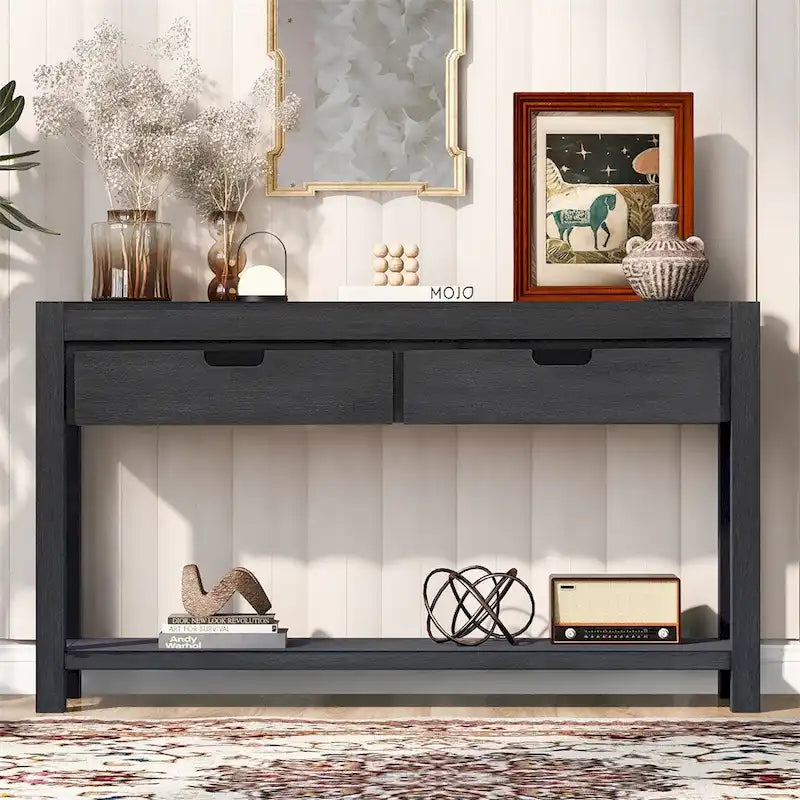 Console con 2 Cassetti e 1 Ripiano – Blu Scuro / Nero / Marrone Antico