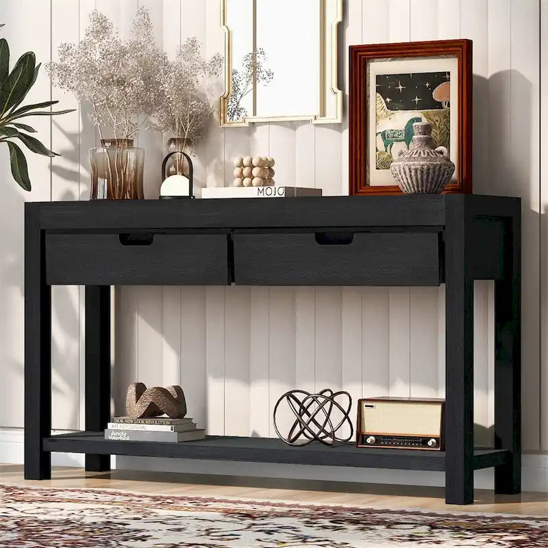 Console con 2 Cassetti e 1 Ripiano – Blu Scuro / Nero / Marrone Antico