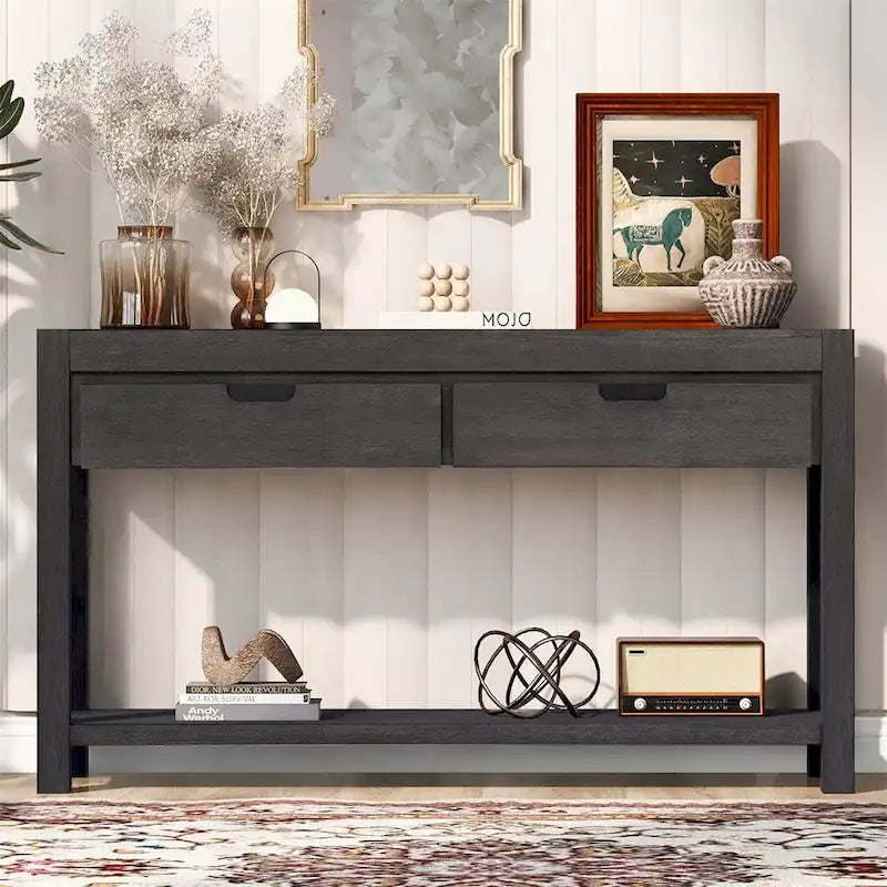 Console con 2 Cassetti e 1 Ripiano – Blu Scuro / Nero / Marrone Antico